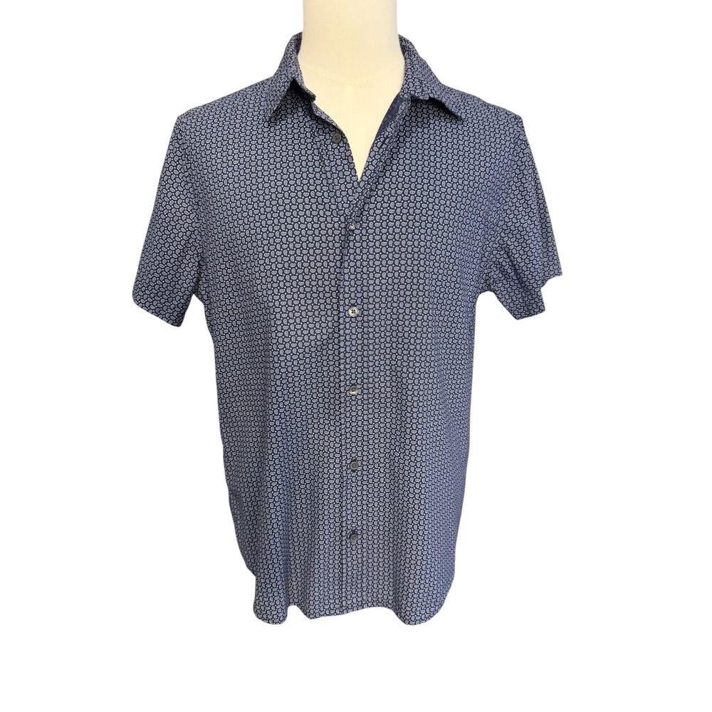 Slate & Stone Mens Navy Blue Paisley Short Sleeve Cotton Button Down Shirt L